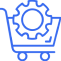 A blue line drawing of a shopping cart with a gear inside